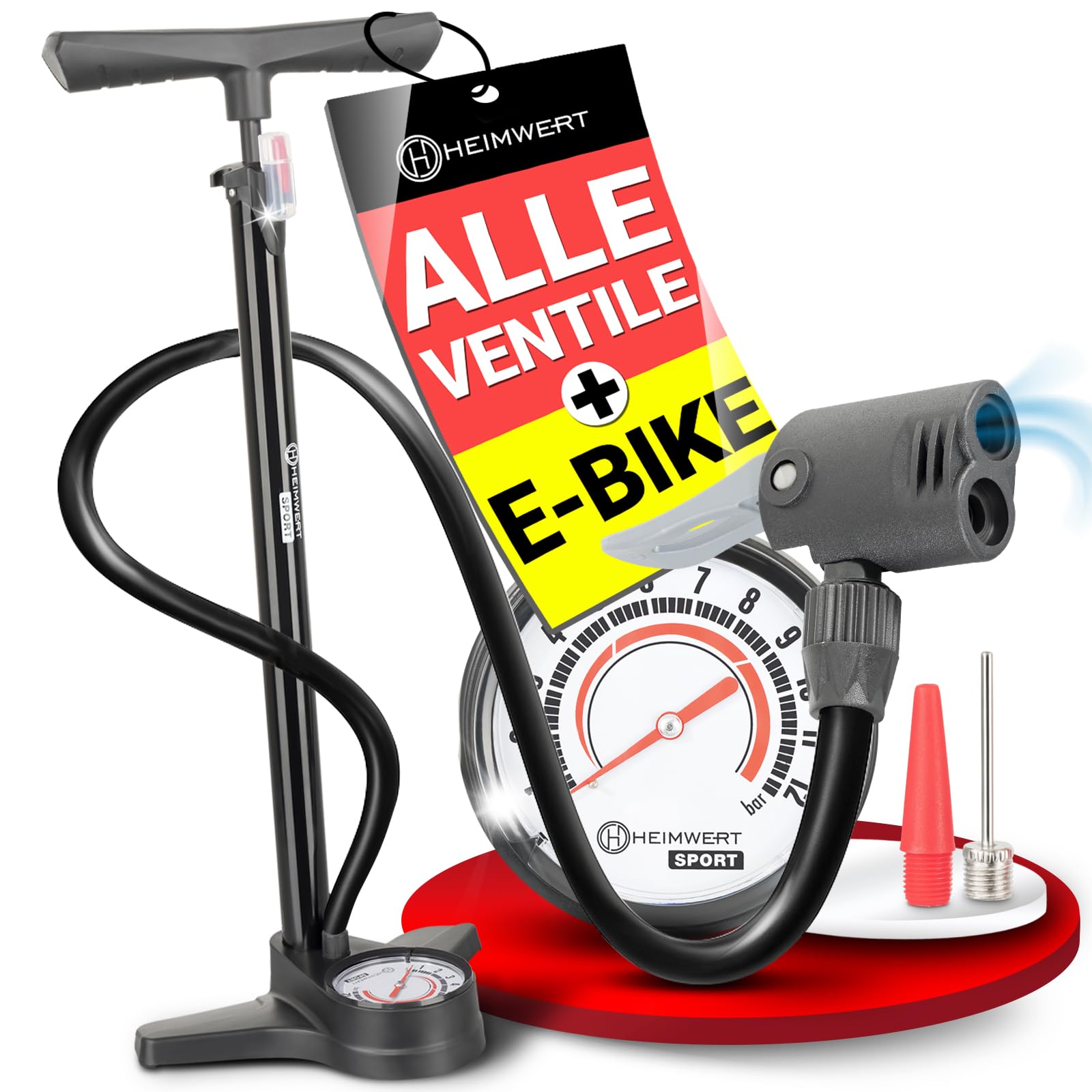 HEIMWERT Premium Fahrrad Luftpumpe für alle Ventile, hochpräzises Manometer, komfortable 12 bar Universal Standpumpe Fahrrad – Luftpumpe Fahrrad für maximale Zuverlässigkeit - Bike Pump