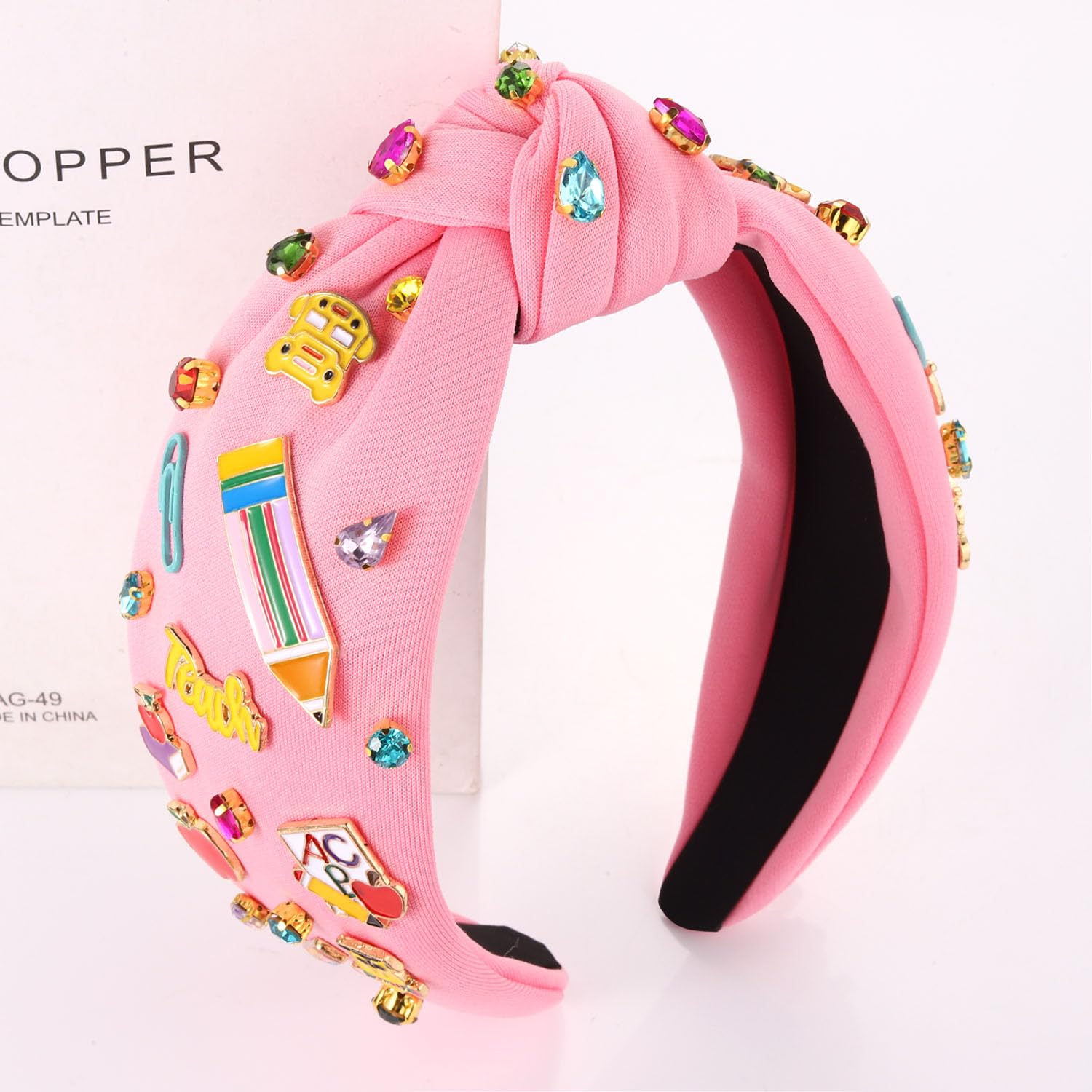 YAHPERN Teacher Headband for Women Teacher Accessories Crystal Rhinestone Knotted Headband Beaded Embellished Top Knot Headbands Back To School Outfits teacher Appreciation Gifts (Pink 3)