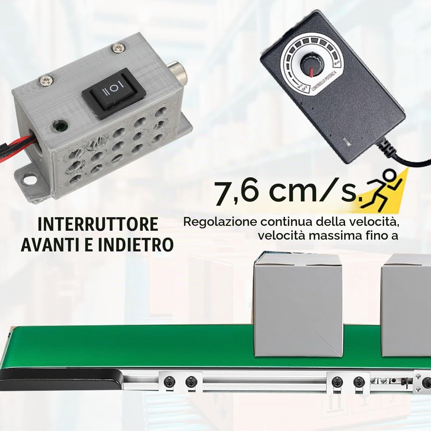Convoyeur électrique de Table 500 x 100 mm, Antistatique, Vitesse réglable de 1,8 à 7,6 cm/s