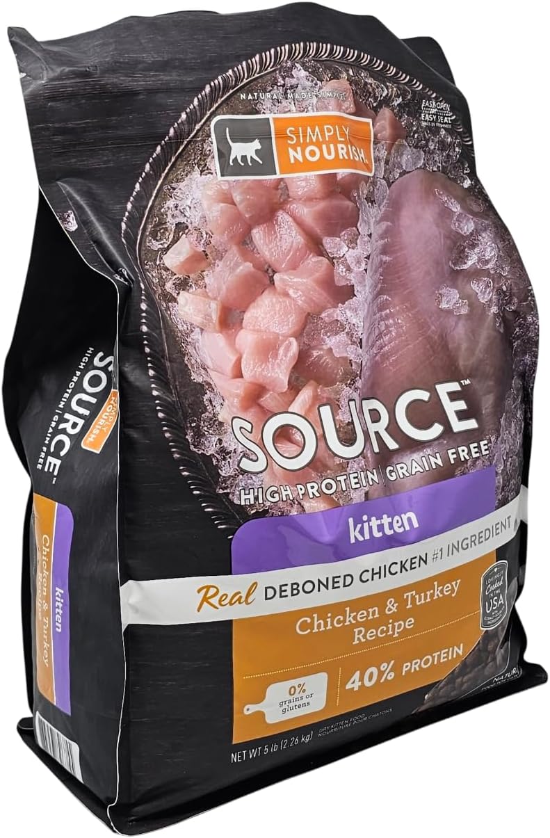 SIMPLY NOURISH Source High Protein Kitten Chicken and Turkey Dry Cat Food, 5 Pound Bag