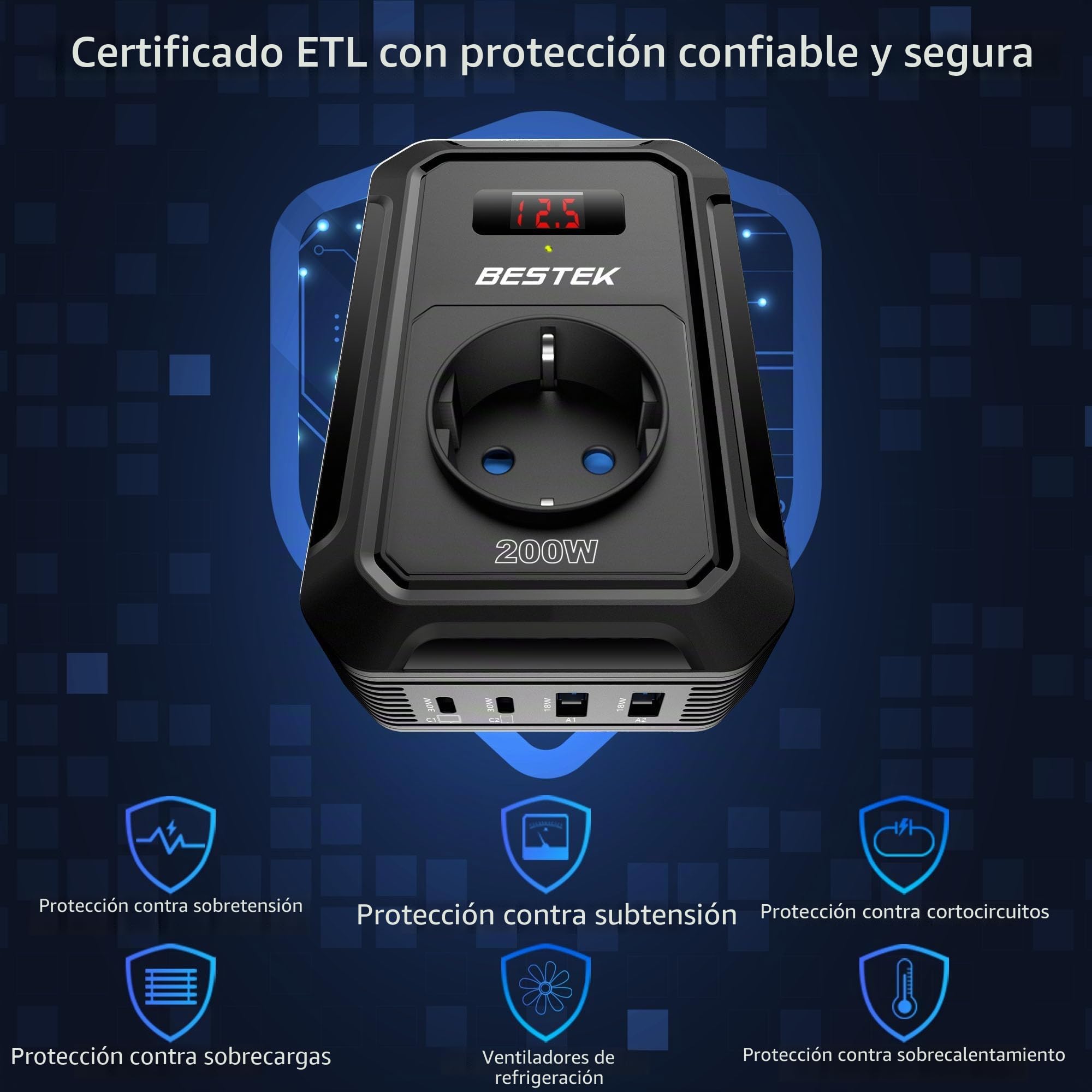 BESTEK Inversor 12v 220v Onda Pura 200W,Transformador 12V a 220V Convertidor Onda con 2 AC Tomas Y 2 USB-C (2 PD30 W) 2 USB-QC (18 W) sinusoidal con Protección para Barco,Caravana,Coche（Negro）