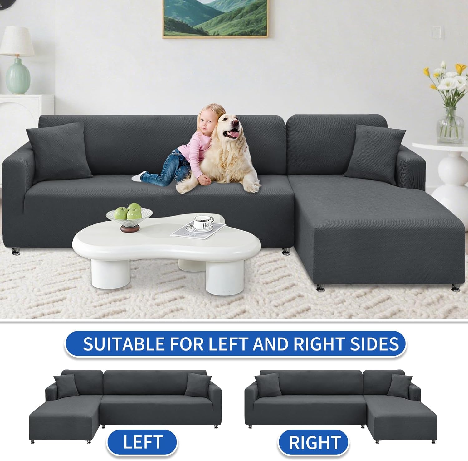 XINEAGE Sectional Couch Cover High Stretch L Shaped Sofa Cover 2 Pieces Non Slip Slipcover with Chaise Furniture Protector with 2 Pillowcases for Pets & Dogs (3 Seat Sofa + 3 Seat Chaise, Dark Gray)