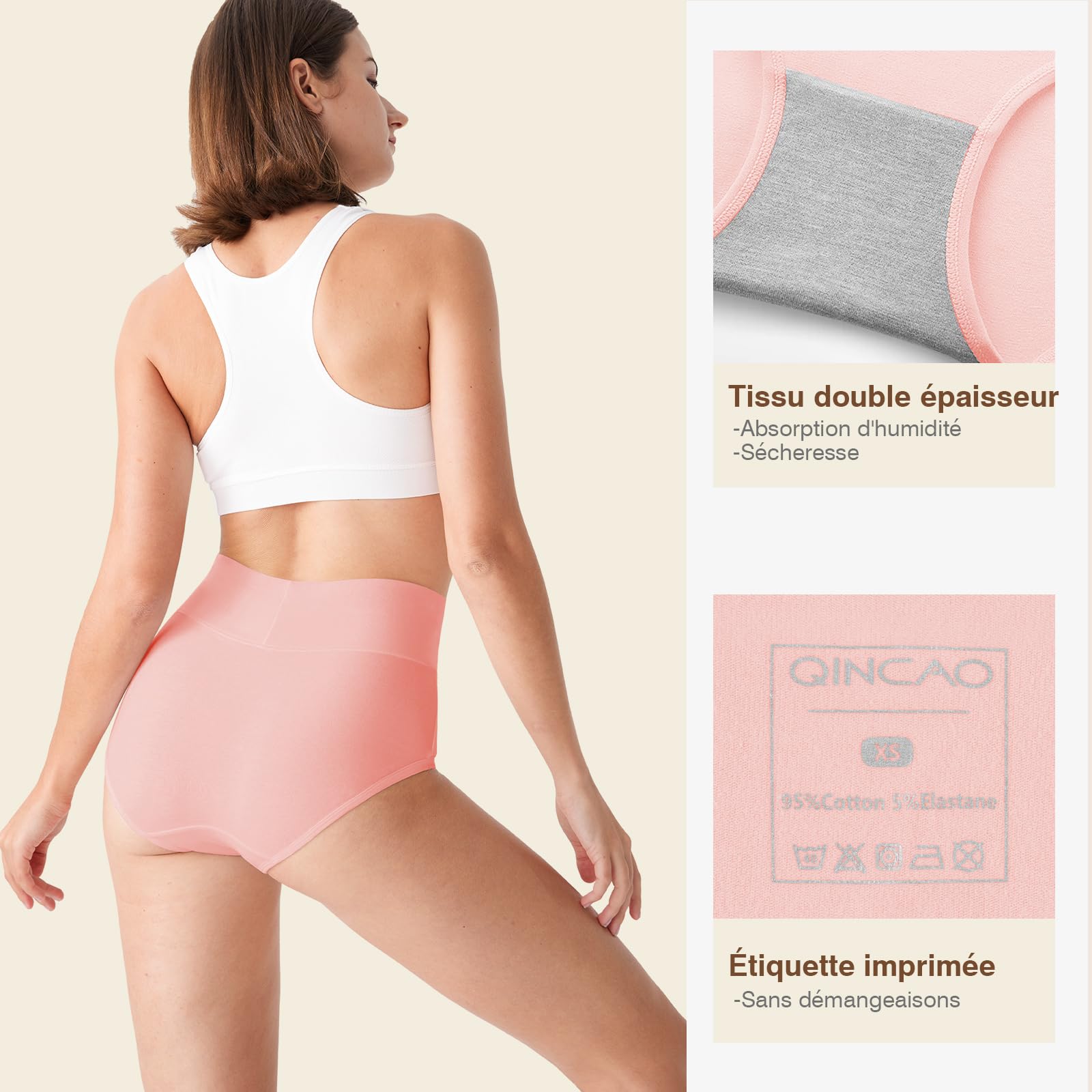 QINCAO Culotte Femme Coton Taille Haute 6 Pack, Élastique Respirant et Doux | Culotte Femme en Coton, Modèle Élastique Confort à Taille Haute, Double Protection Entrejambe, Design Sans Étiquette