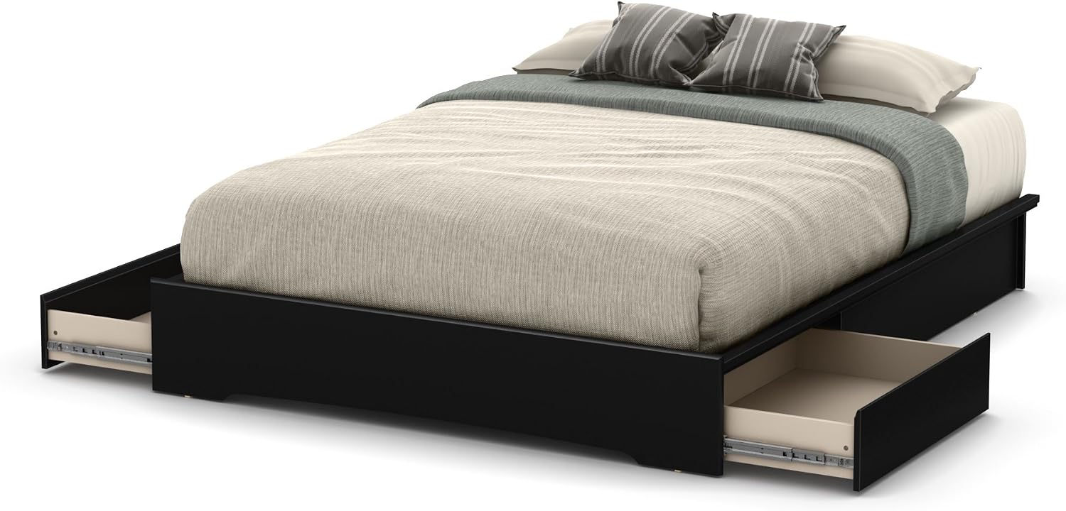 South Shore Step One Platform Bed with 2 Drawers, Queen with Storage, Pure Black
