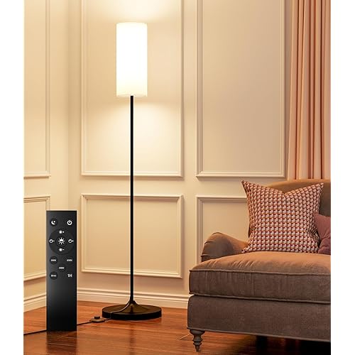 luckystyle LED Floor Lamp for Living Room, Dimmable Standing Lamps with Foot Switch,Remote Custom Color Temperature Black Pole Lamp with Lampshade,12W Led Bulb Tall Lamps for Office Kid Room Bedroom