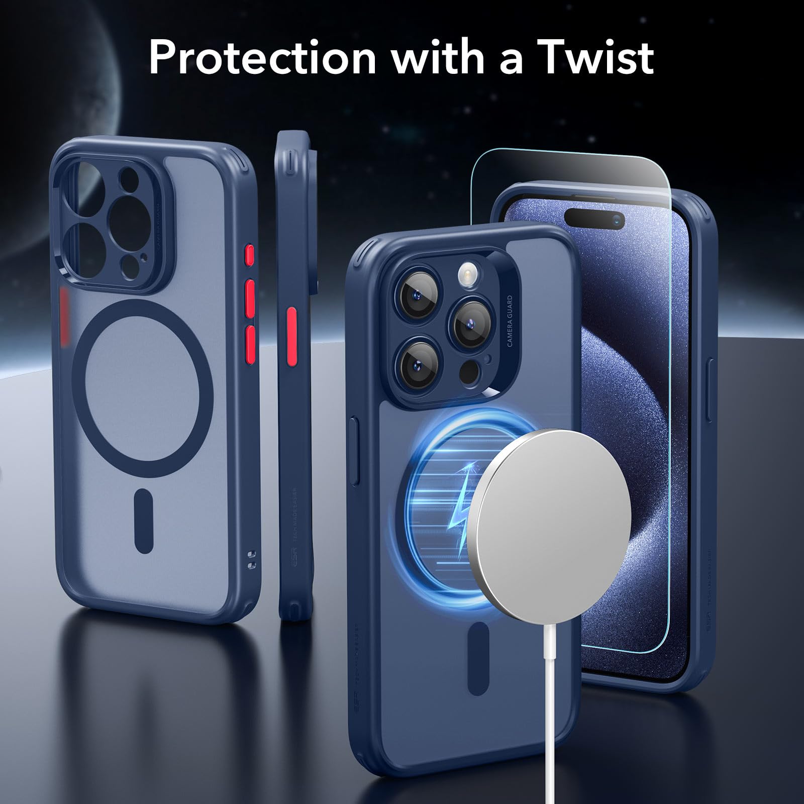 ESR Cover per iPhone 15 Pro (5 in 1 Set), Custodia opaca con protezione dello schermo e delle lenti della fotocamera, Compatibile con MagSafe, Protezione di livello militare, Serie Classic,blu