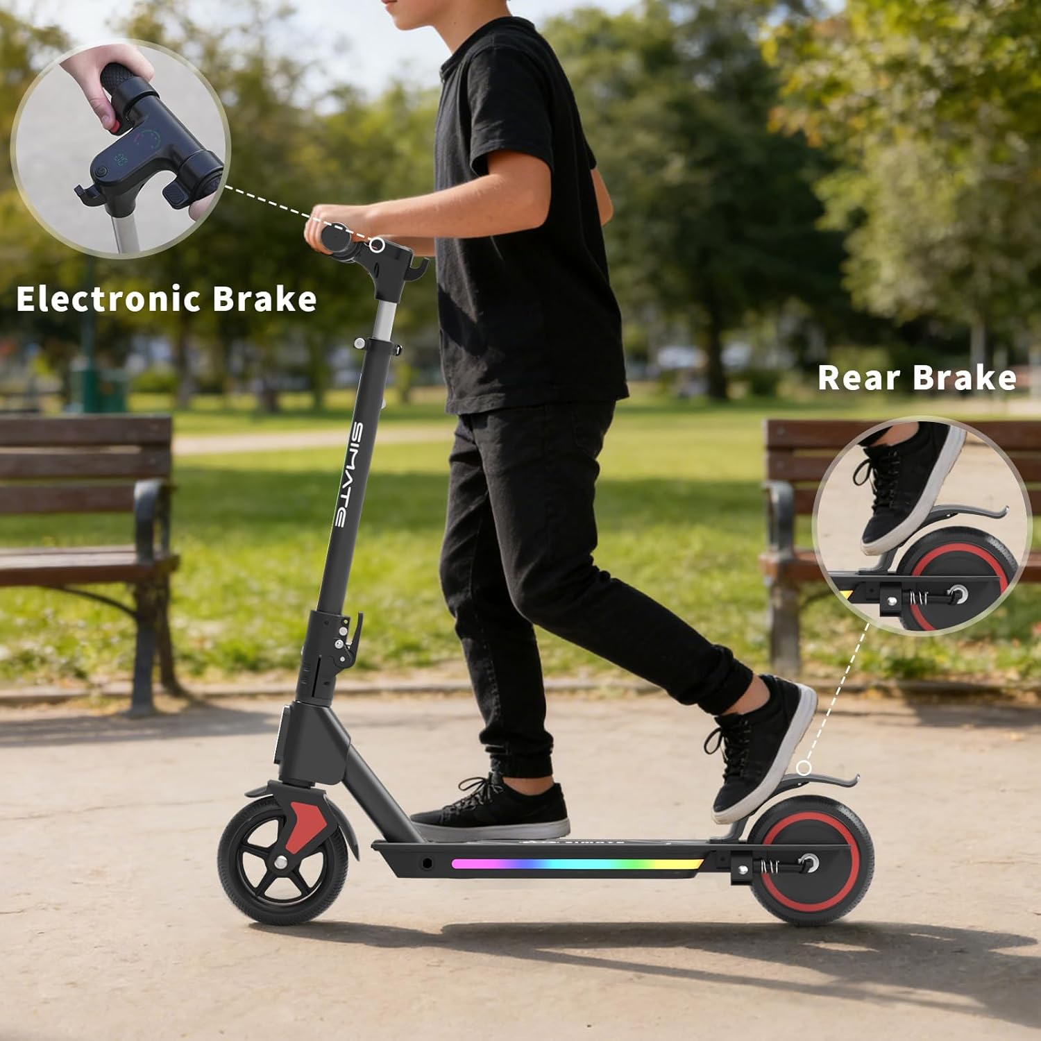 A child demonstrating the dual braking system of the SIMATE electric scooter, showing both the electronic brake on the handlebar and the foot brake on the rear wheel.