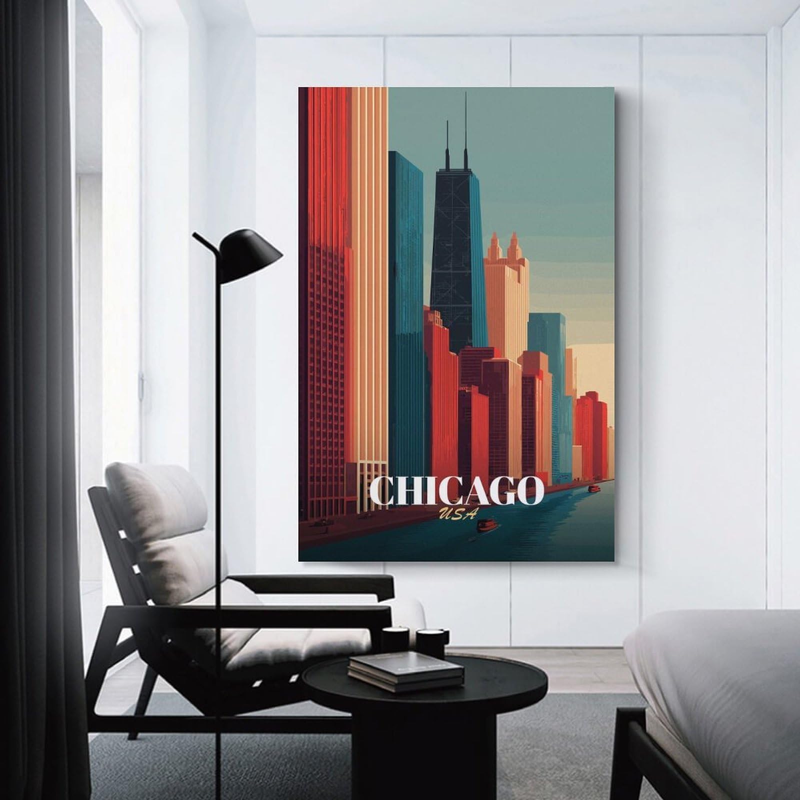 Junmoney Wall Picture Print Chicago Skyline Art Deco Style, 24x36inch(60x90cm), for Entrance Walls, Hall Decor Or Foyers, A Neat Decor Update for Hallways