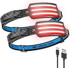 Smiling Shark TD-0123F Headlamp, Motion Sensor LED Headlight Rechargeable Fishing Head Lamp with Red Light Mode Floodlight & Spotlight Lightweight Hands-Free Headlamp for Fishing Camping (2 Pieces)