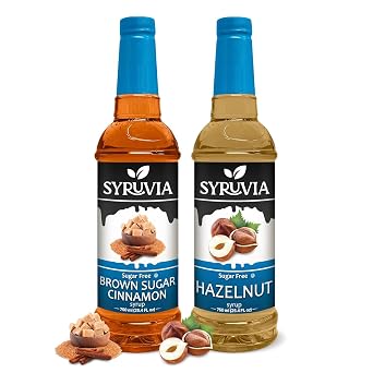 Syruvia Sugar-Free Brown Sugar Cinnamon & Hazelnut Coffee Syrup - 25.4 fl oz Premium Coffee Flavoring Syrup. 0 Calories, Kosher & Gluten-Free. Perfect for Drinks, Sodas, Shakes, Desserts & More.