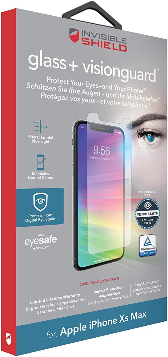 ZAGG Invisible Shield Glass+ Vision Guard - Blocks Harmful High-Energy visible (HEV) Blue Light And 99% of UV Light From Your Device - Made For Apple iPhone XS Max