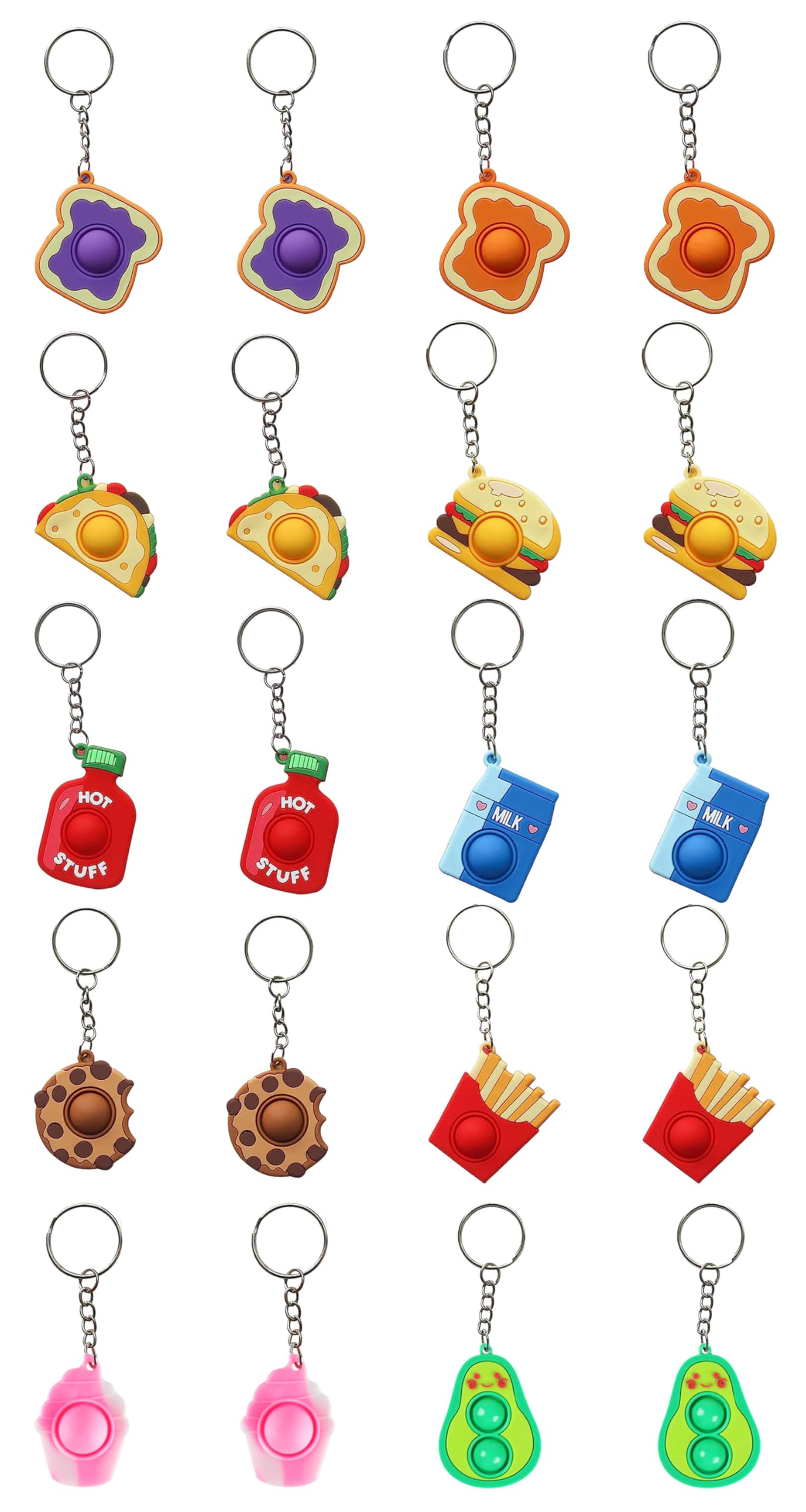 Topsheper 20PCS Figet Keyring, Sensory Snack Food pop it Fidget Keychain Spinner Toy, Kids Christmas Party Bag Stocking Fillers Keyrings for Crafts,DIY small popit simple dimple key rings decoration