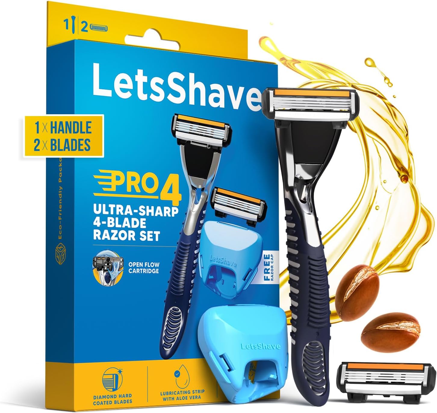 Pro 4 Manual Shaving Kit for Men | 1 Handle + 2 Cartridges | 4-Blade Open Flow Architecture | Full Body Grooming | Rubber Guard