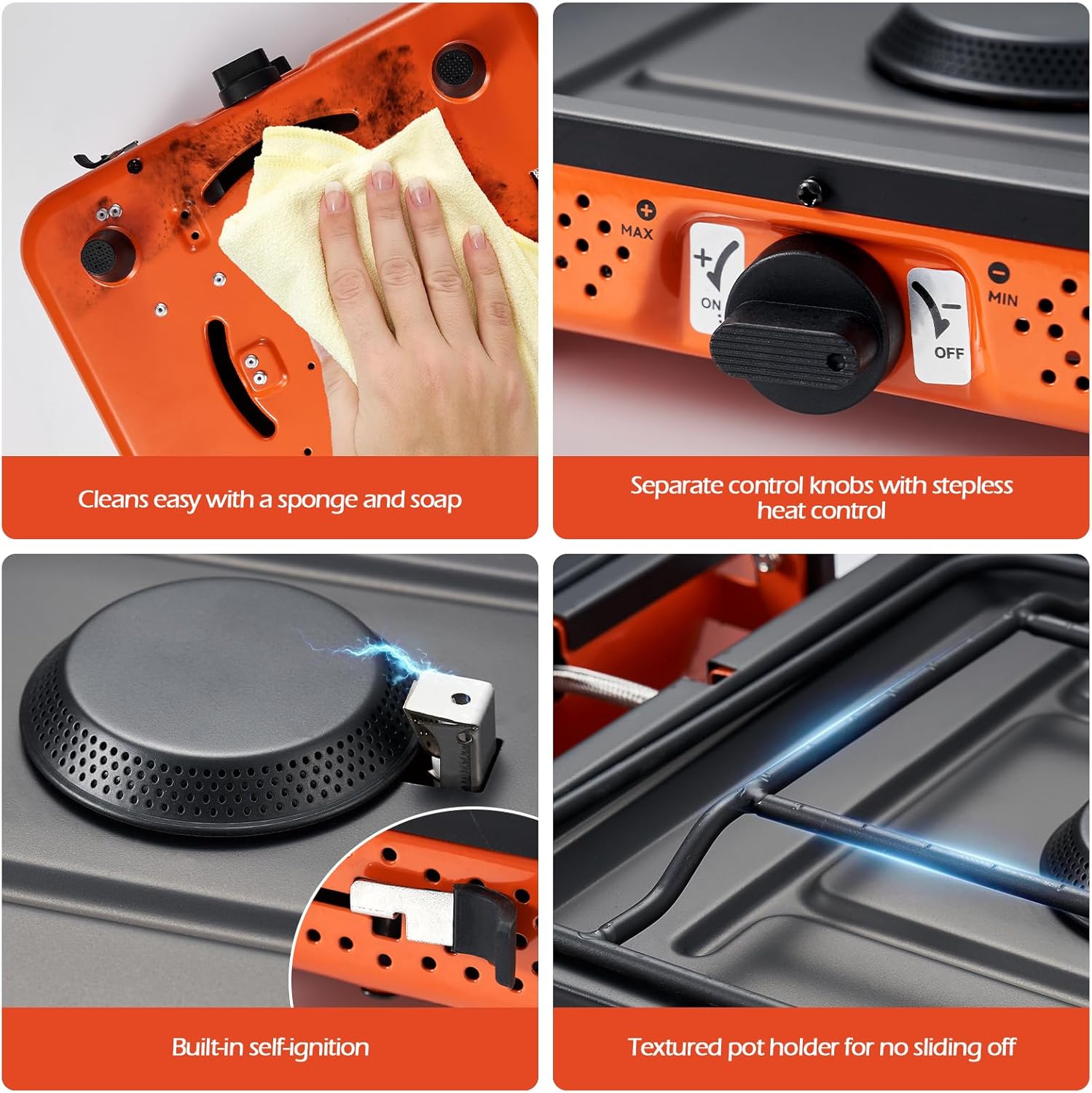 Close-up views of Odoland stove features: cleaning, control knobs, ignition, and pot holder