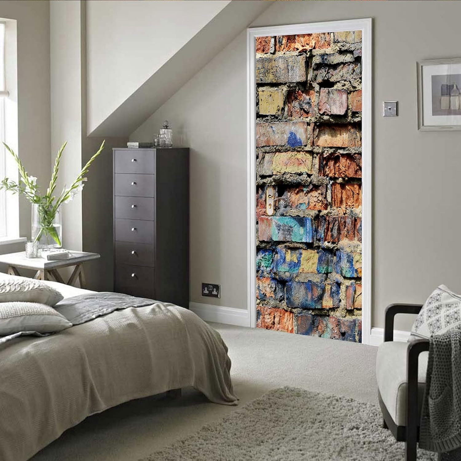 A.Monamour 3D Door Stickers for Interior Doors Graffiti on Brick Wall Background Vinyl Waterproof Self Adhesive Door Mural Decals for Bedroom Office Bathroom 90 x 200 cm