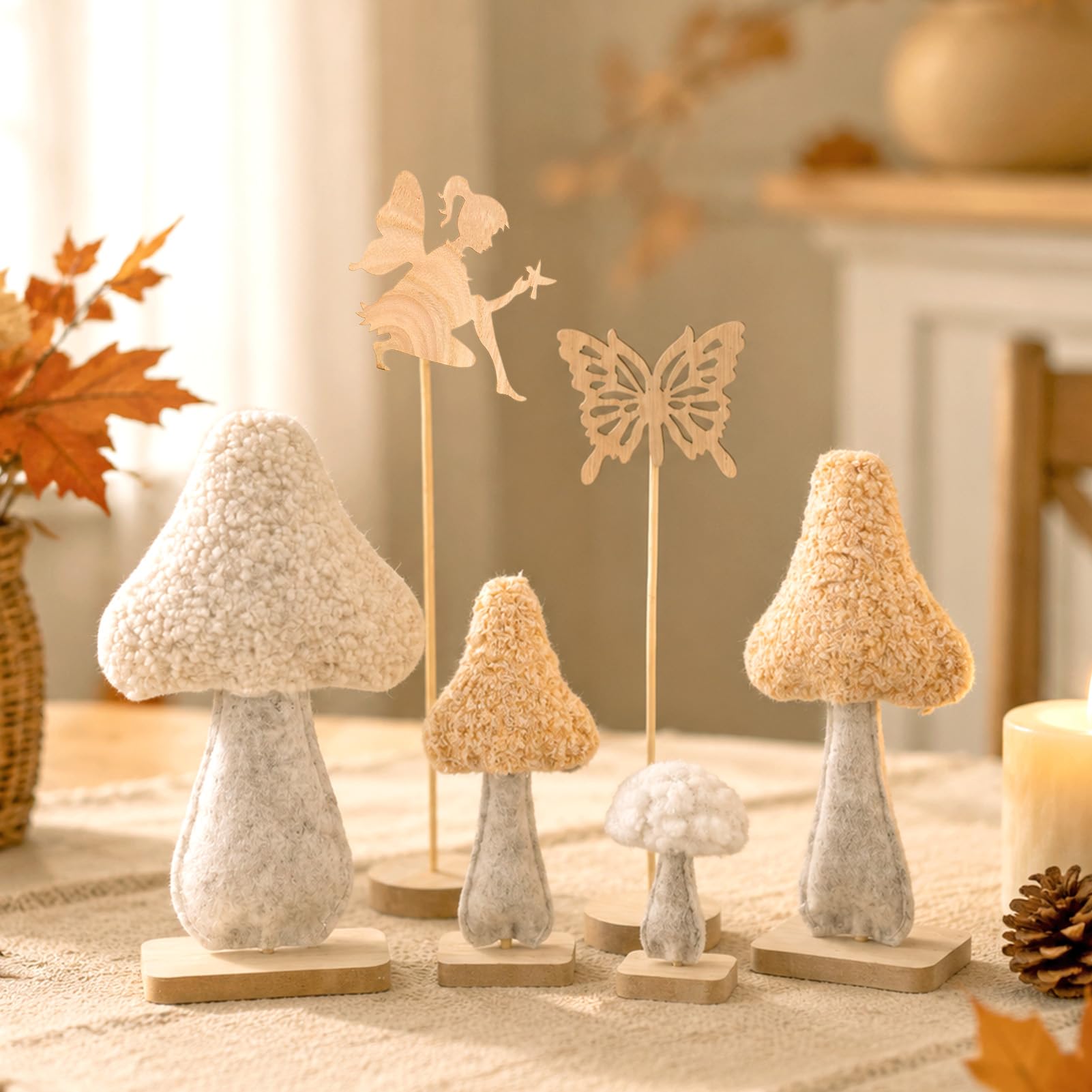 EASY JOY 6PCS Felt Mushroom Table Decorations Fairy Butterfly Autumn Decor