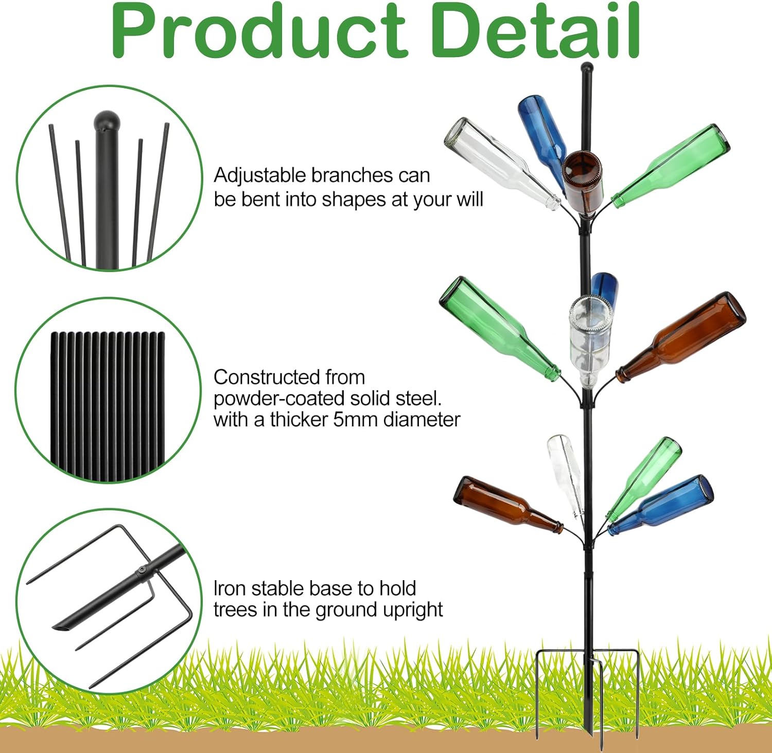 2 Pcs 12 Heavy Duty Metal Wine Bottle Tree Garden Outside 47 Inches Tall Decorative Colorful Glass Bottle Holders Artificial Rustproof Display Stand Garden Art for Lawn Yard Outdoor Decor