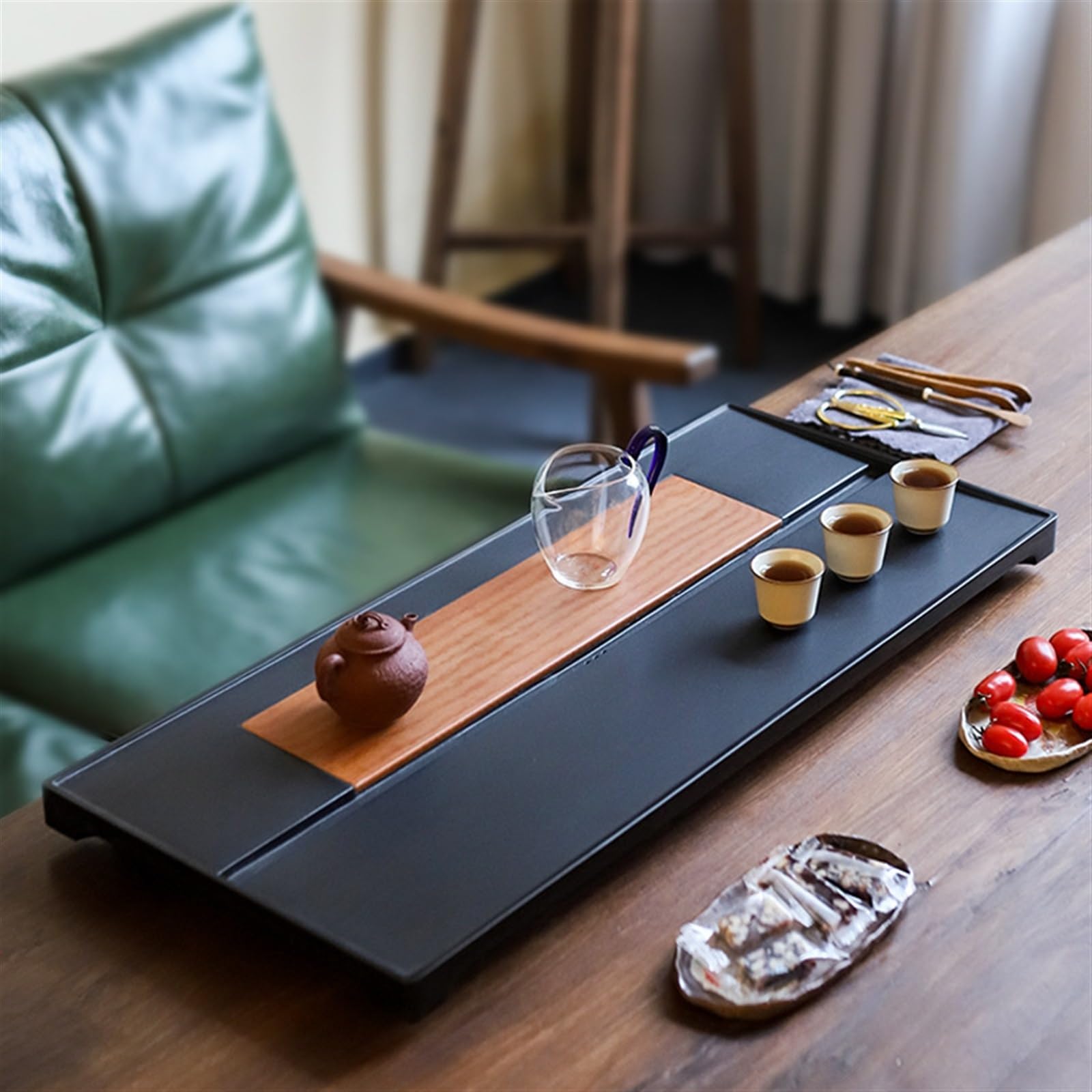 Tea Set Ebony Inkstone Tea Tray Tea Table Home Natural Black Gold Stone Tea Tray Chinese Tea Set(100 * 45 * 3cm) (80 * 30 * 3cm)