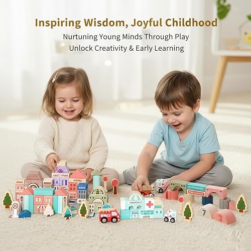 Miniatura 6 de Juego de bloques de construcción de madera, apilador de construcción de ciudad, juguetes educativos de aprendizaje preescolar, juguetes para niños y