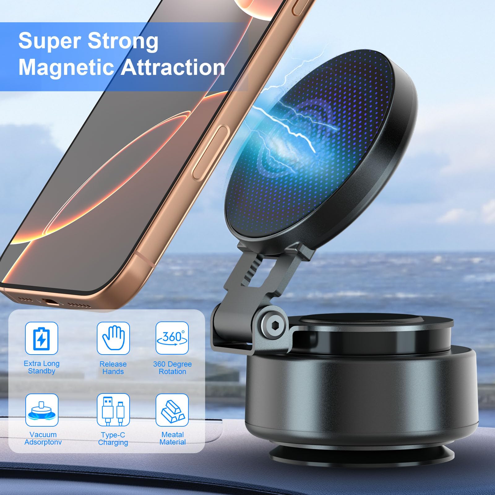 Soporte magnético para teléfono móvil para coche, rotación ajustable de 360 grados, soporte de teléfono eléctrico con ventosa al vacío con brazo extensible, compacto y portátil, manos libres, soporte