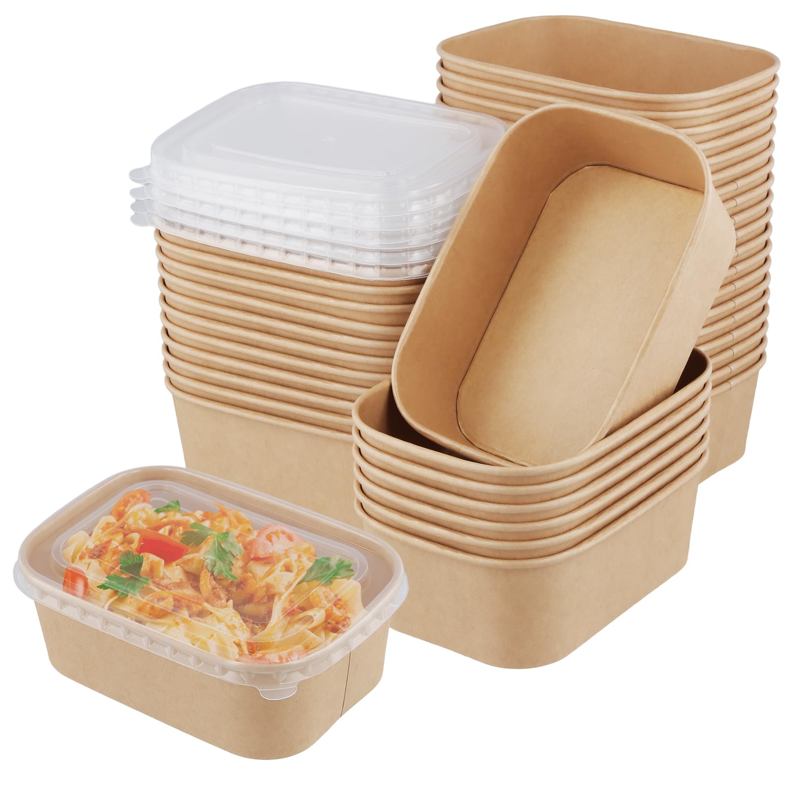 KOHAND 75 Pack 750ml Kraft Food Containers with Plastic Lids, Rectangular Takeaway boxes, Take Away Food Boxes for Takeaway, Fitness Lunch, Salad