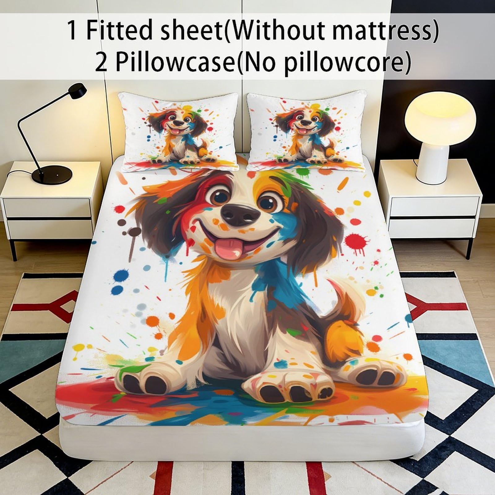 Lenzuolo con angoli con stampa 3D, motivo cani, in microfibra, antiscivolo | morbido, coprimaterasso, facile da pulire, traspirante, lavabile in lavatrice, 160 x 200 x 25 cm