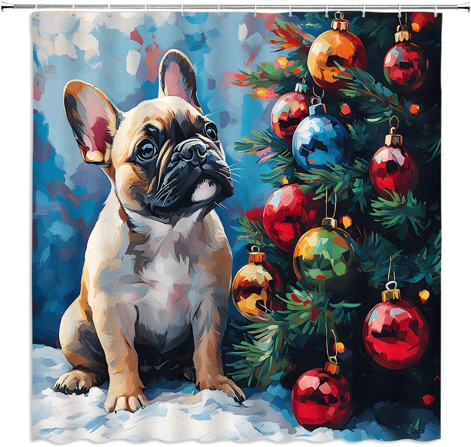 Christmas Dog Shower Curtain Lovely French Bulldog Xmas Pine Tree Ball Winter Snow Funny Puppy Watercolor Pet Lover Oil Painting Style Fabric Bathroom Decor Curtains with Hooks,82 x 70