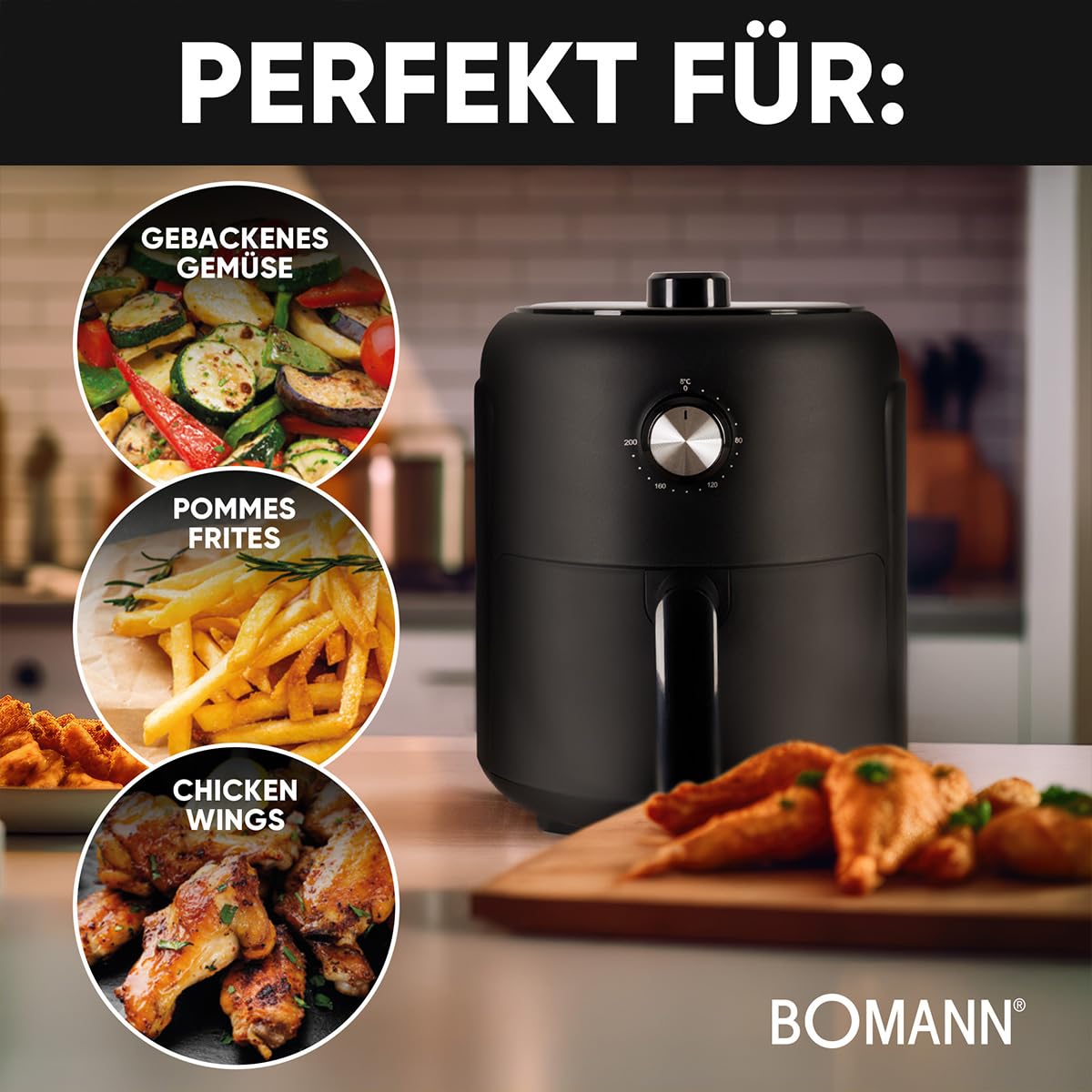 Bomann, Freidora de aire caliente 2.3L Negra FR6076HCB - Cocina saludable sin aceite, Termostato regulable 80-200°C, Temporizador 60 min, Antiadherente, Protección contra sobrecalentamiento