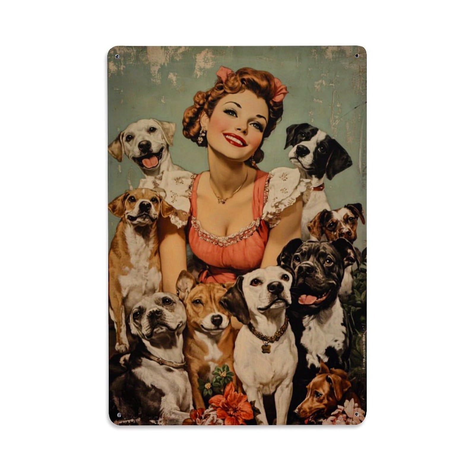 Jdfenggu Vintage Pinup Dogs Portrait Art Retro Metal Tin Sign, Decor Art Poster For Bar, Home, Man Cave, Kitchen, Laundry Room Gift 8X12inch