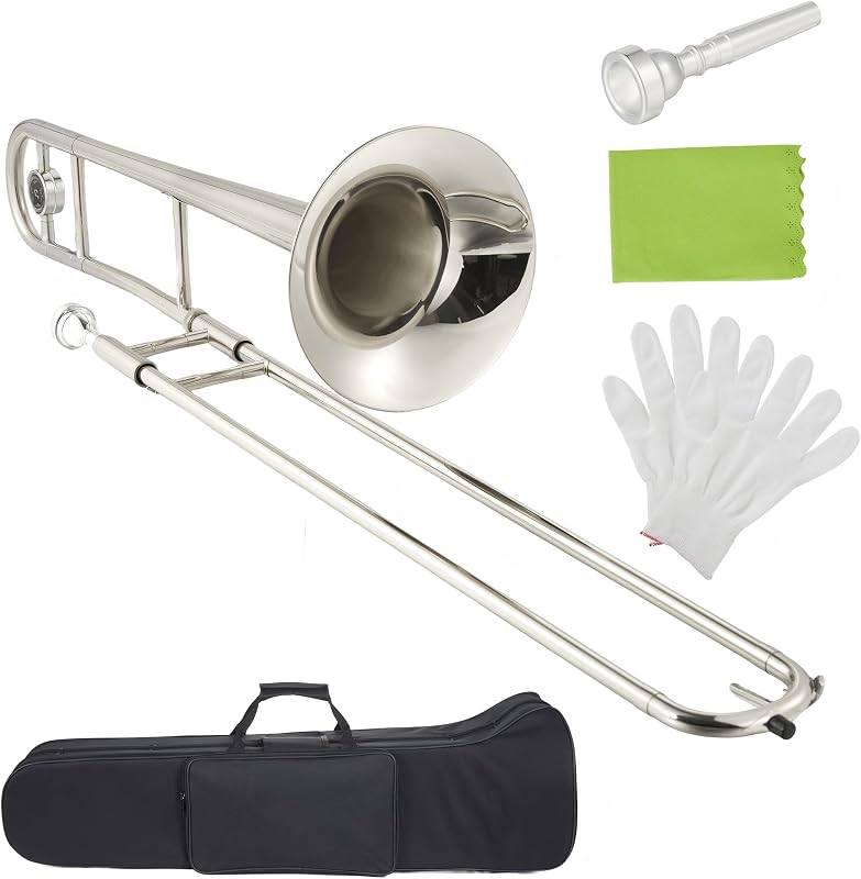 Alto Trombone Starter Kit, Bb Nickel-Plated Brass with Case, Mouthpiece, Gloves, Cloth; Accurate Tone and Penetraing Sound, School Band & Orchestra Essential Instrument