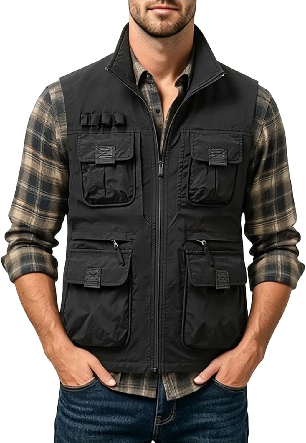 Men's Utility Fishing Vest Lightweight Outdoor Travel Safari Vests Cargo Pocket Sleeveless Jacket for Hiking Camping
