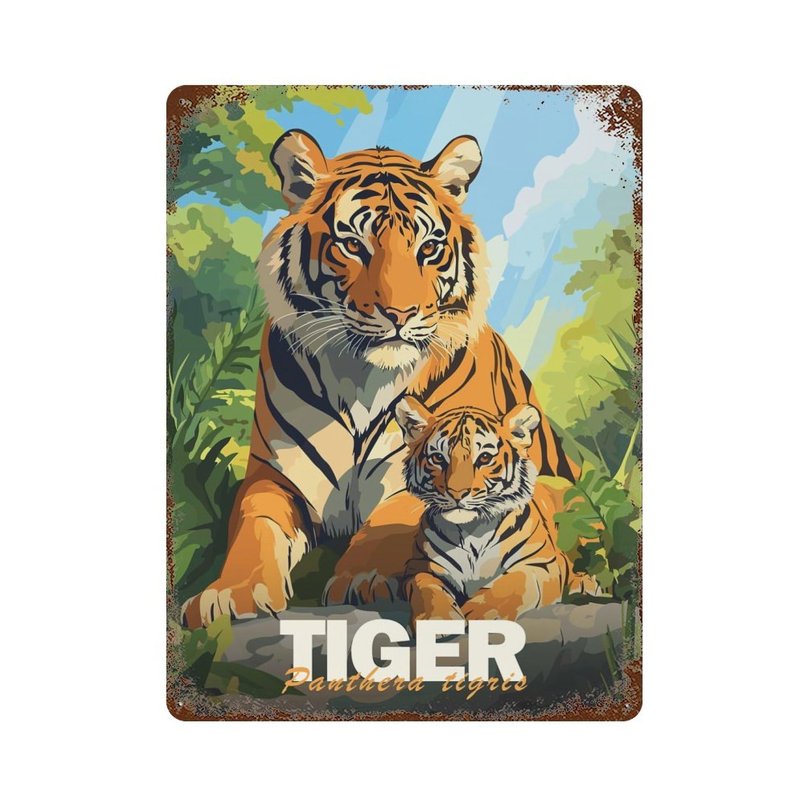 Tiger And Cub Decorative Tin Sign 15.7"x11.8", Ideal for Basement, Hobby Room And Garage Decor