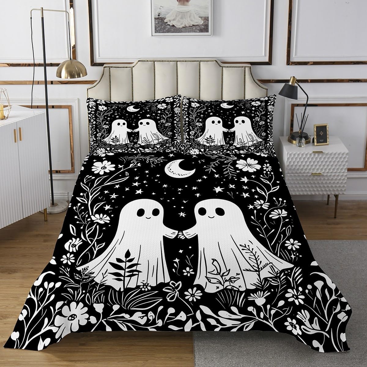 Erosebridal White Cartoon Ghost Quilt Set Queen Halloween Theme Ghost Bedspread Boho Floral Plants Coverlet Set for Kids Adults,Galaxy Starry Black Bedding Quilted