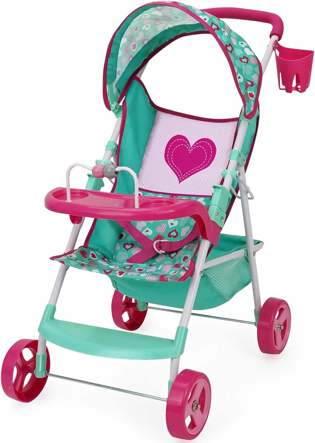 509 Crew: Mint Heart - Sarah Doll Stroller - Hot Pink & Green, Cup Holder, Tray Play, Storage Basket, Folding Accessory, Pretend Play Toy, Kids 3+