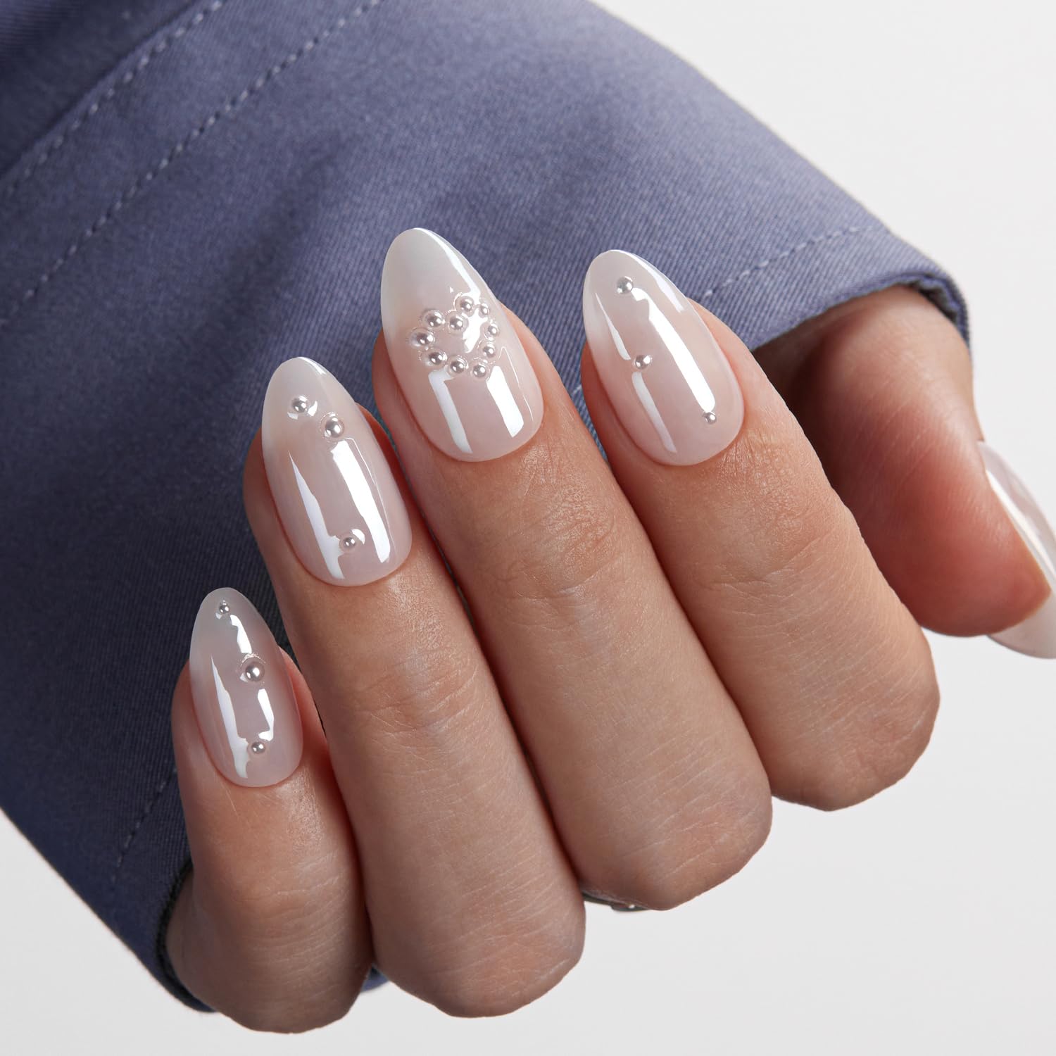 VSALON Press on Nails Short Almond - Dark Purpule Blue Cat Eye Sparkle Ribbon Design Halloween Nails for Women, Reusable Opaque Gel Chrome Glue on Nails with Glue & Cuticle Oil - 32 PCS in 16 Sizes: B1-Starry Dots