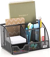 Vista 1 de Organizador de escritorio con cajón, clasificador de malla de alambre de escritorio con 6 compartimentos para bolígrafos, lápices y letras. Negro