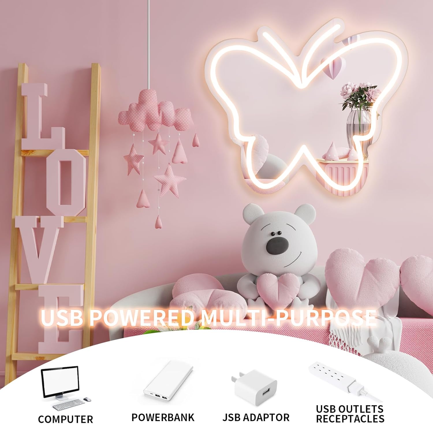 Butterfly Mirror Neon Sign LED Neon Lights for Ideal Home Decor for Bedroom, Kidsroom, Living Room Parties, Christmas Birthdays Gifts for Girls Women, Boho Mirror Wall Sign Art Gift-Warm White-14"x13.78" - Image 5