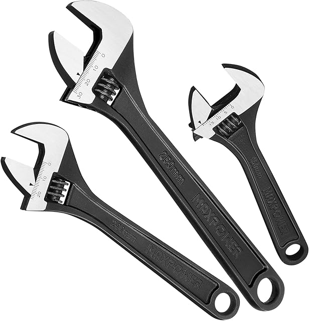 MAXPOWER Adjustable Spanner Set, 3PCs Adjustable Wrench Set, Black - 150mm, 200mm & 250mm
