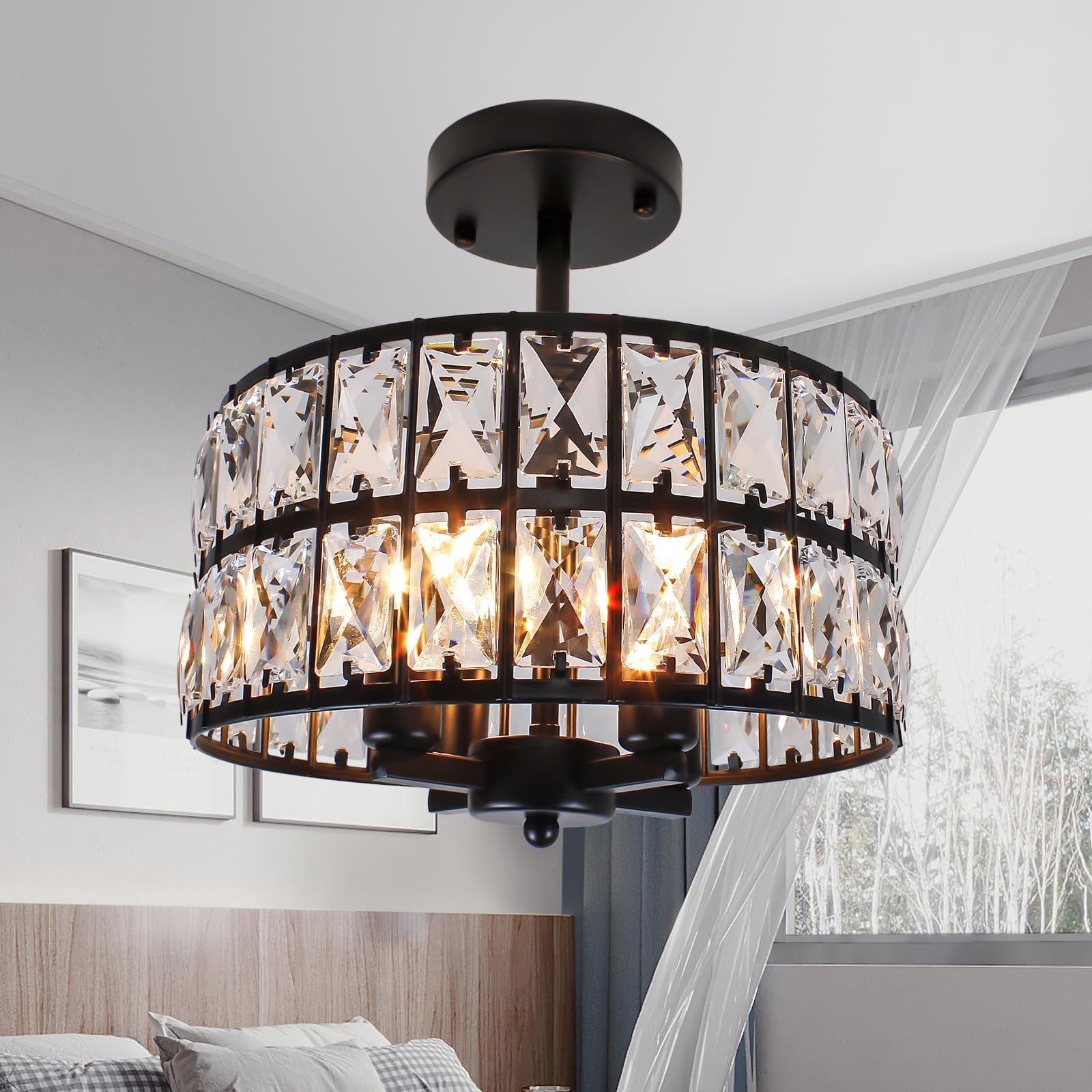 Photo inspiration: Crystal Ceiling Light Industrial Apartment Reference: Rviezza Crystal Ceiling Lights 4 Light Metal Black Ceiling Pendant
