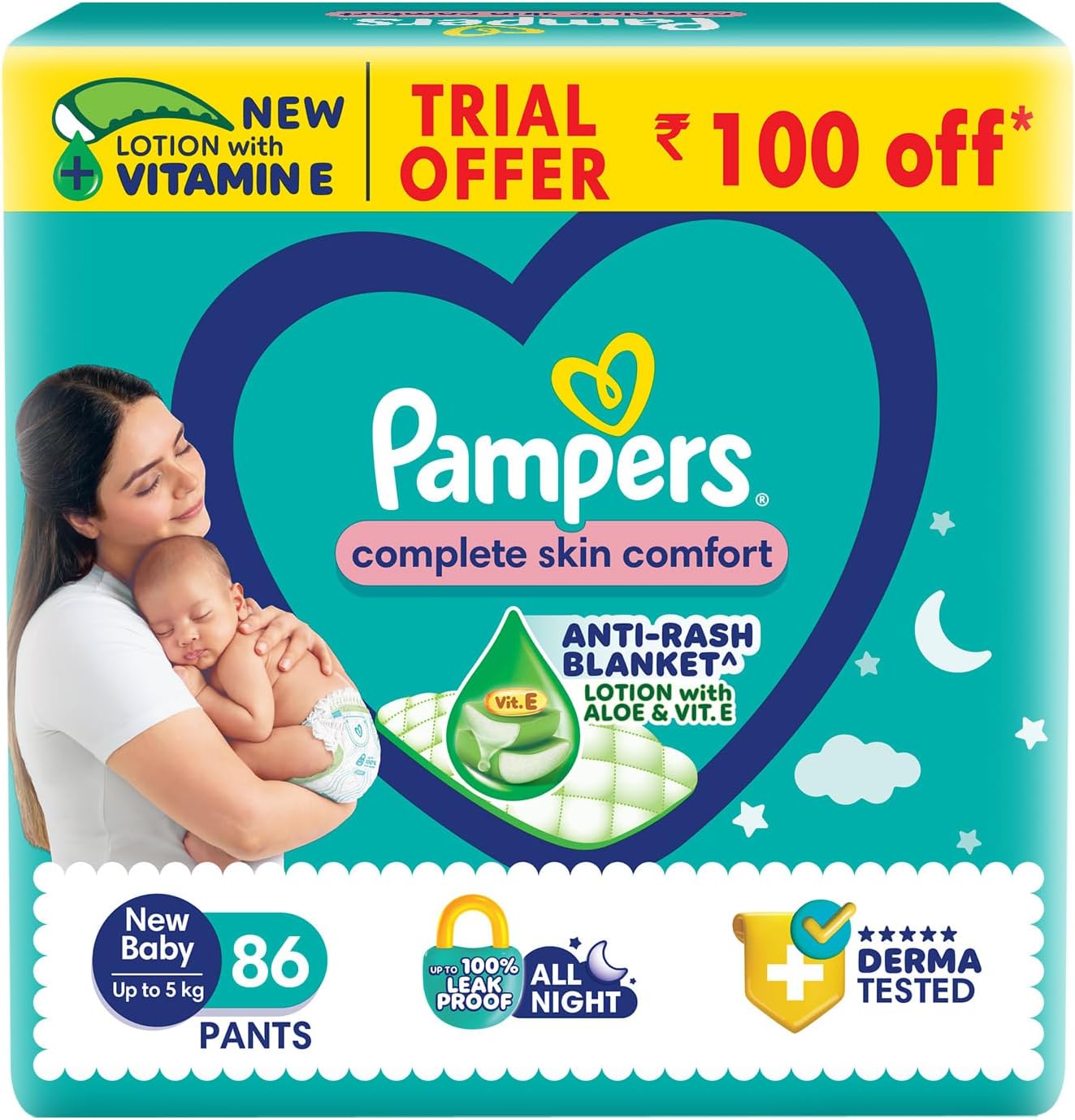 Pampers Complete Skin Comfort Pants, (NB,XS) 86 Count Anti-Rash Blanket, Lotion with Vitamin E & Aloe Vera, New Born, Extra Small Size Baby Diapers, Upto 5kg