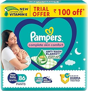 Pampers Complete Skin Comfort Pants, Anti-Rash Blanket, Lotion with Vitamin E & Aloe Vera, New Born, Extra Small Size Baby...