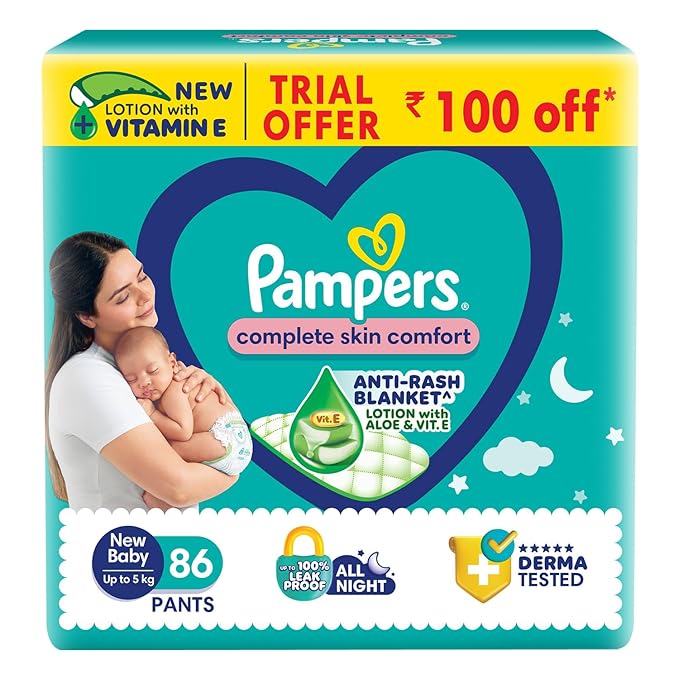 Pampers Complete Skin Comfort Pants, Anti-Rash Blanket, Lotion with Vitamin E & Aloe Vera, New Born, Extra Small Size Baby Diapers (NB,XS) 86 Count, Upto 5kg