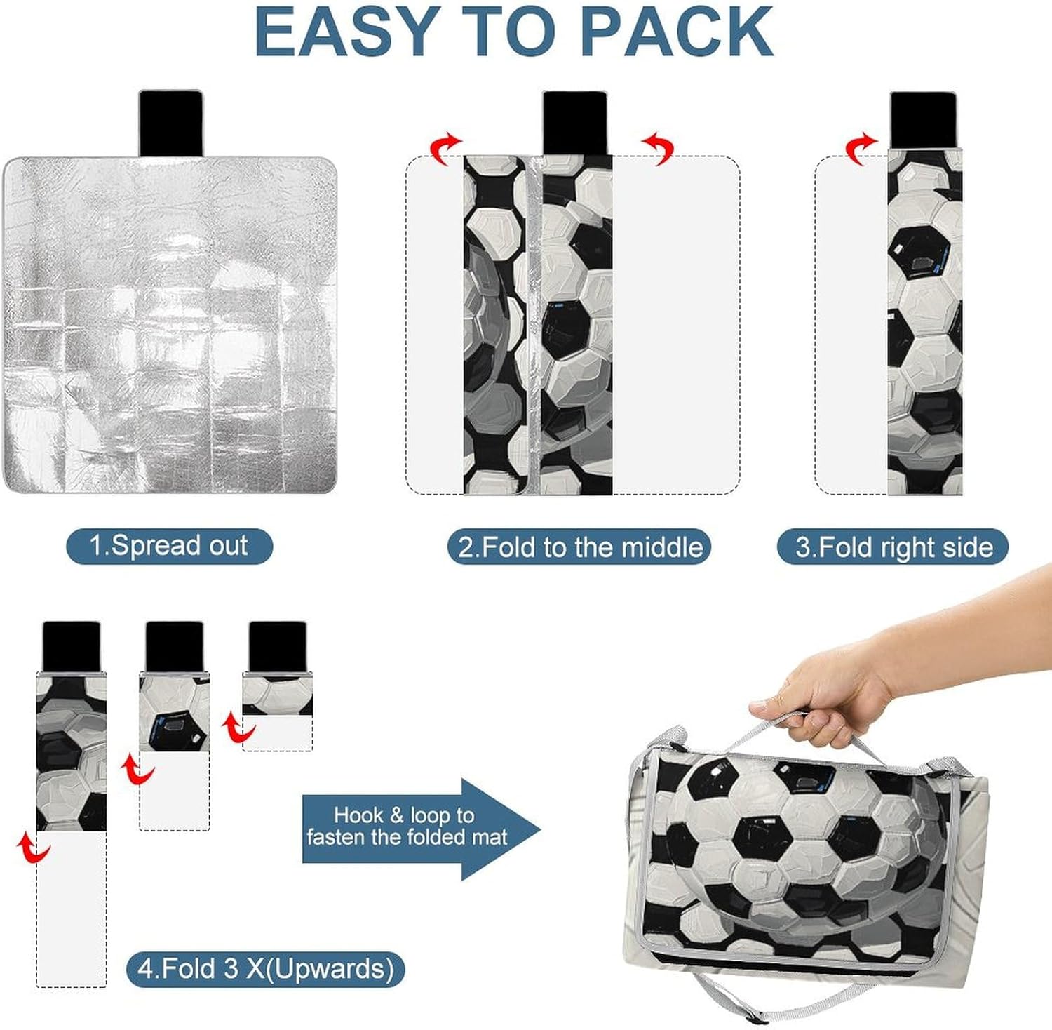 Outdoor Picnic Blanket Extra Large Beach Blanket Waterproof Picnic Mat Black and White Soccer Ball Camping Blanket Portable with Carry Strap Park Blanket for Grass Camping Park