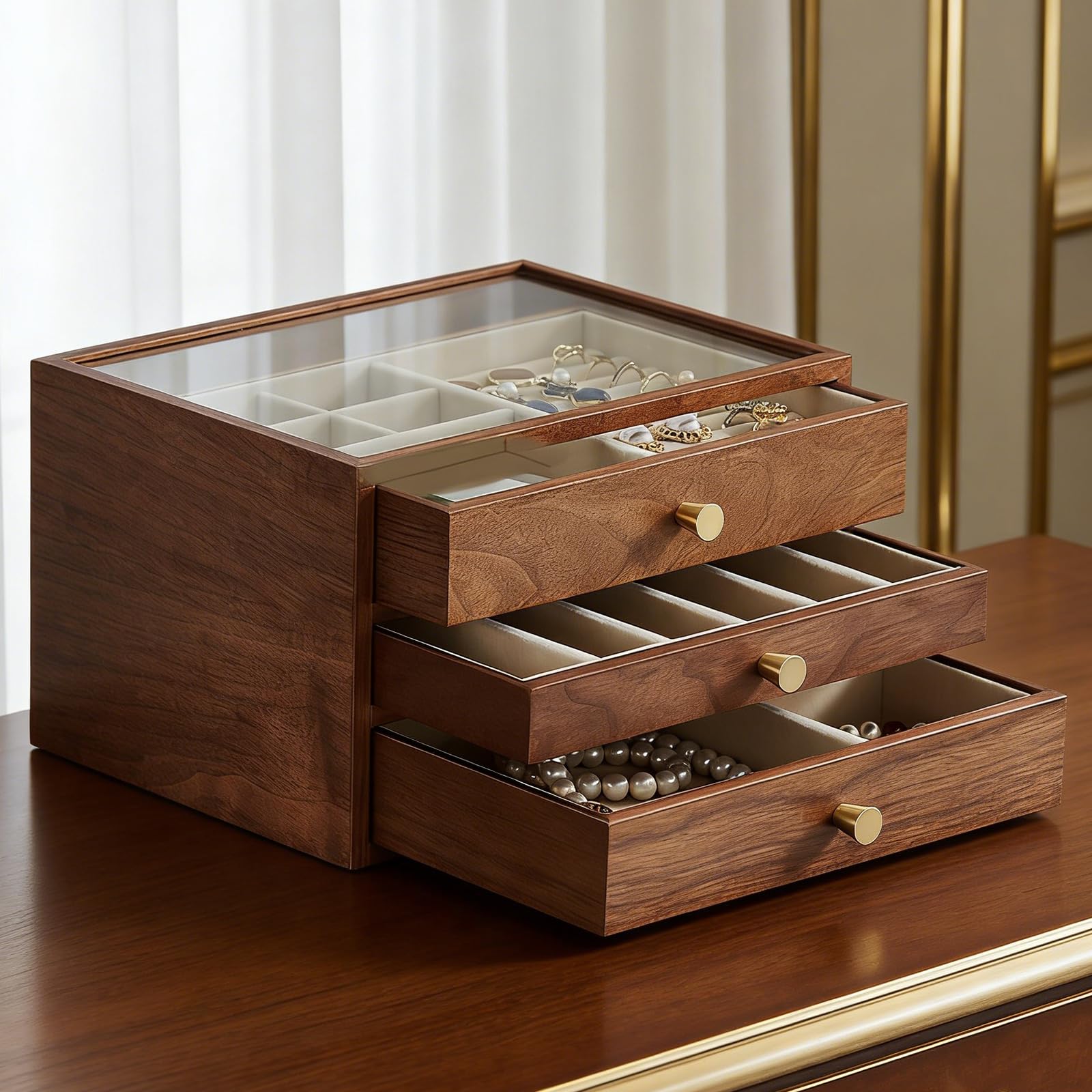 Schmuckaufbewahrung Schmuckkasten Klein Schmuckkästchen aus Holz für Damen, Massivholz Schmuckschatulle Schmuckbox Holz mit Glasabdeckung 3 Schubladen Schmuckkiste für Ringe Halskette