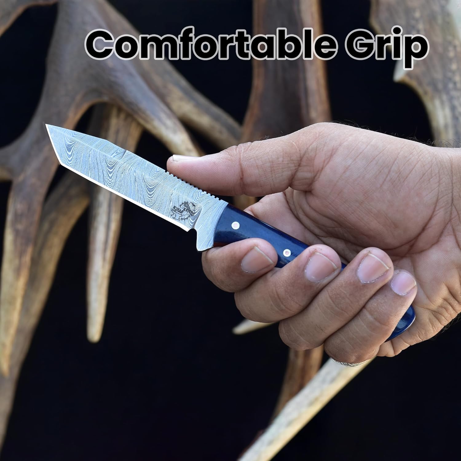 Knives Ranch Handmade 7 inch EDC Tanto Knife - Full Tang Damascus Steel Blade - Compact Everyday Ranch Utility Knife - Blue Handle - Genuine Leather Sheath - Horizontal Belt Carry (Snug Fit)