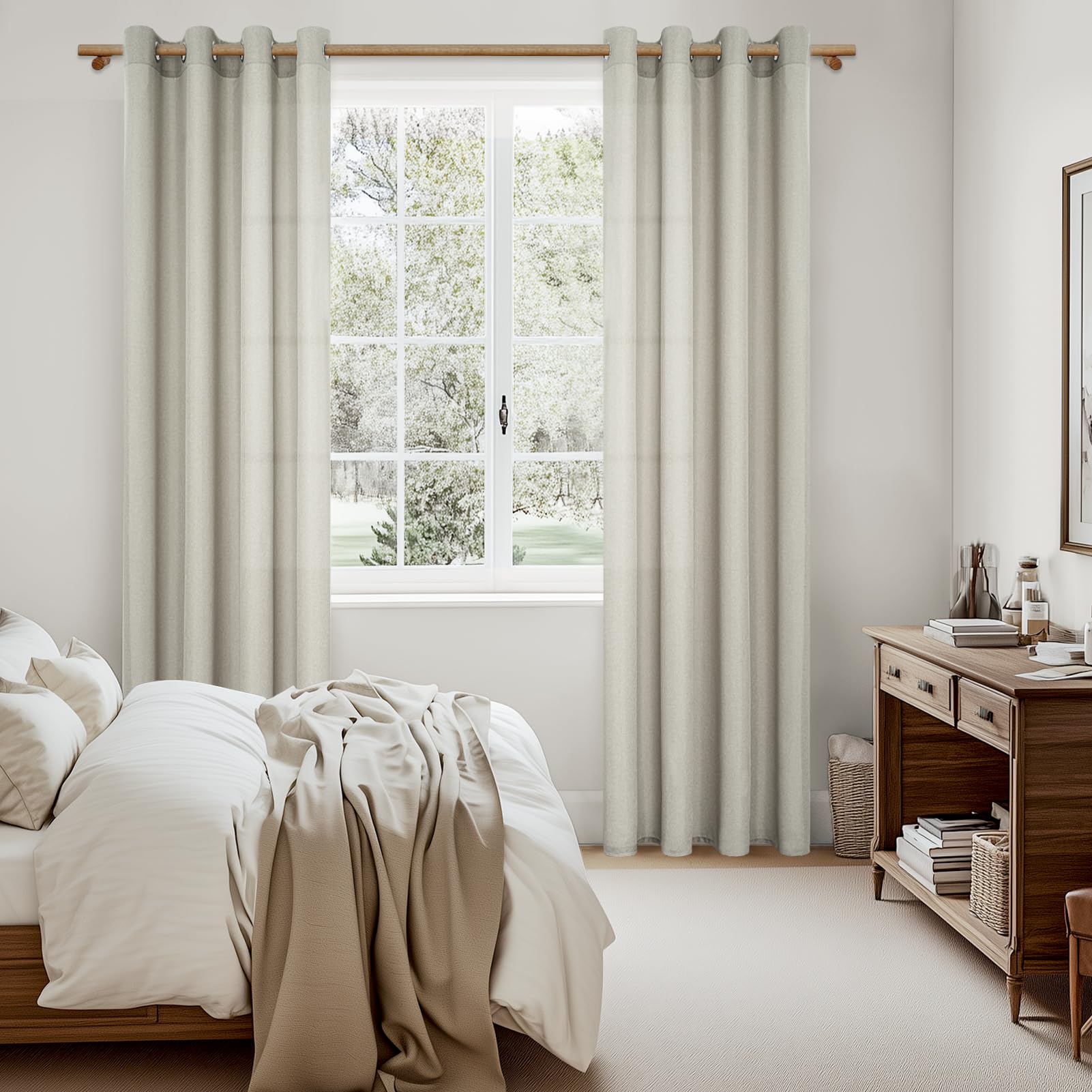MRTREES Rideau Voilage Fenetre Salon Lot de 2 Panneaux de Rideaux Chambre Adulte Intérieurs Rideau Voile Lin Naturel Semi-Transparent à Oeillets pour Baie Vitrée Salle a Manger 140x245cm