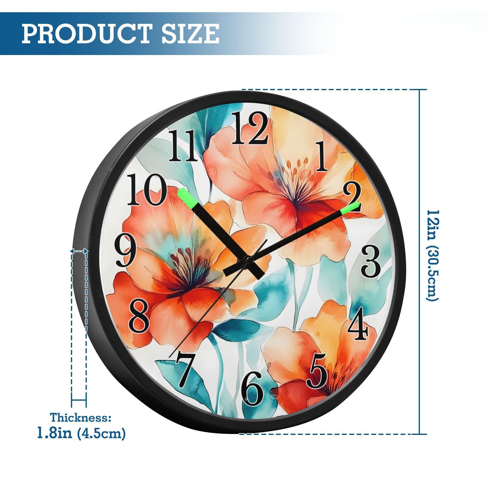 Mnsruu Reloj de pared luminoso con diseño de amapola naranja floral, reloj de pared que brilla en la oscuridad, funciona con pilas, 12 pulgadas, silencioso, sin tictac, luz nocturna para dormitorio