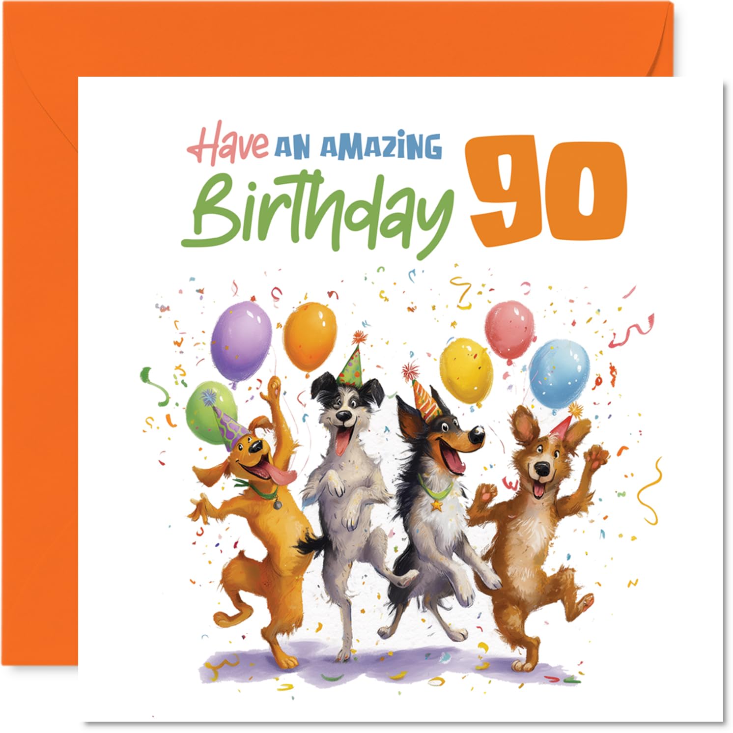 Playful 90th Birthday Card - Let the Celebrations Go Barking Mad - Animated Dogs with Balloons and Confetti - Joyful Way to Mark a 90th Birthday - 145mm Square, Envelope Included