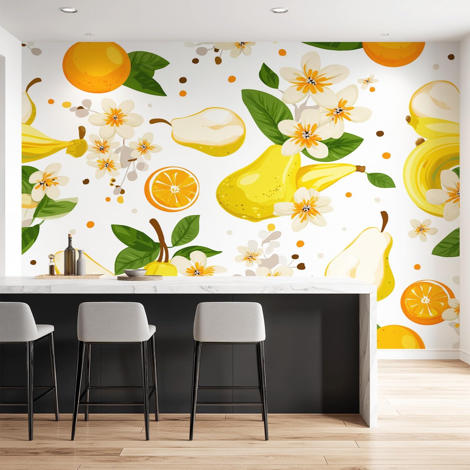 Generisch Tapete Nordisch, Frisch, Früchte - Gelbe Birne, Orange, Blumenmuster Muster- Vliestapete Wand Deko Mustertapete Modern Wandtapete Wanddeko - Motivtapeten - 300 x 210 cm