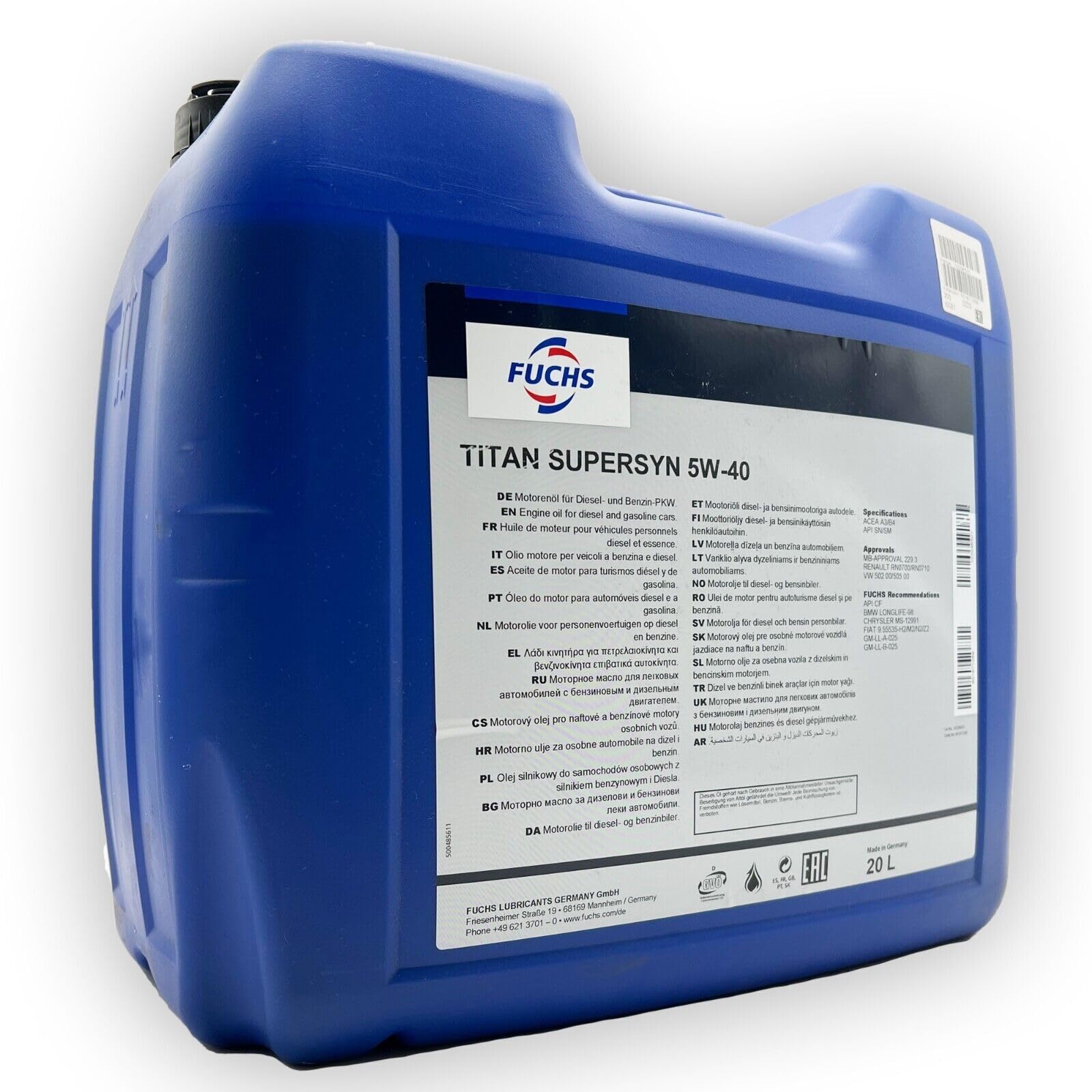20 L Fuchs SuperSyn 5W40 kompatibel mit | VW502.00| VW505.00 | MB229.3 | RN0700 | RN0710 | 20 Liter | 5W-40 | ACEA A3/B4 API SN/SM | Motoröl Motorenöl Öl l Herstellerfreigaben und Empfehlungen